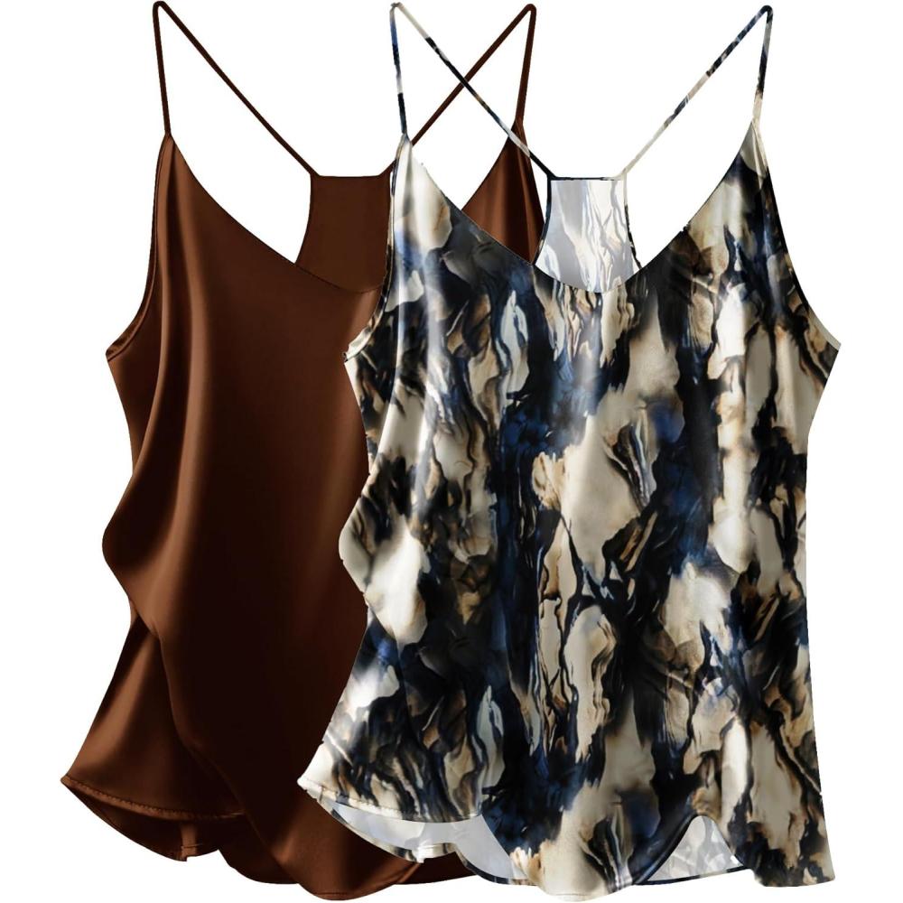 imageEkouaer Womens Satin Cami Tops 2 Pack V Neck Silk Camisole Tank Top Spaghetti Strap Racerback Camis Blouse ShirtBrownArtistic Blue