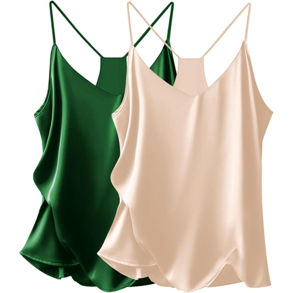 imageEkouaer Womens Satin Cami Tops 2 Pack V Neck Silk Camisole Tank Top Spaghetti Strap Racerback Camis Blouse ShirtChampagne Light Green