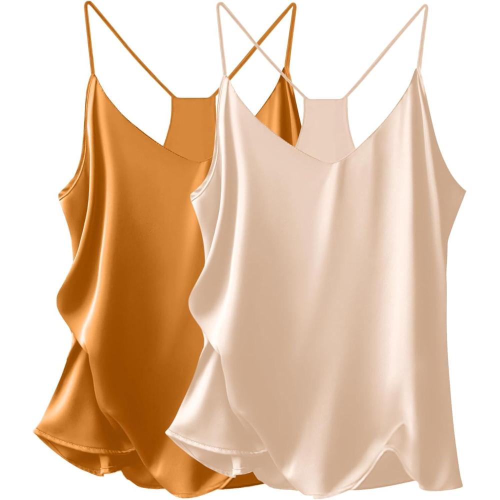 imageEkouaer Womens Satin Cami Tops 2 Pack V Neck Silk Camisole Tank Top Spaghetti Strap Racerback Camis Blouse ShirtChampagneKhaki