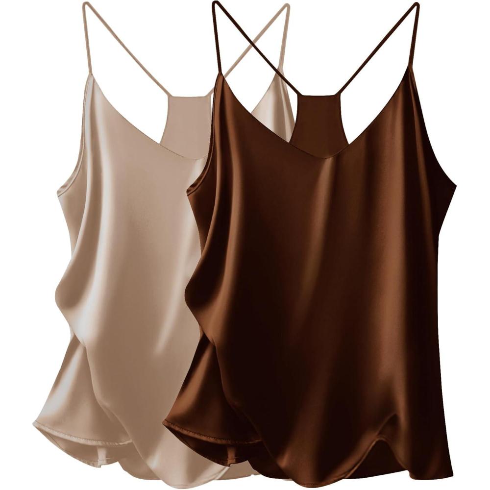 imageEkouaer Womens Satin Cami Tops 2 Pack V Neck Silk Camisole Tank Top Spaghetti Strap Racerback Camis Blouse ShirtLight BrownBrown
