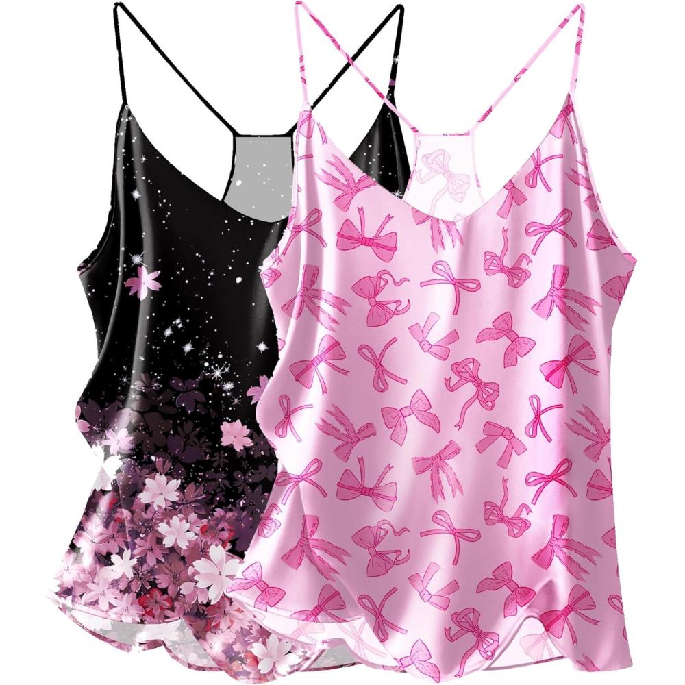 imageEkouaer Womens Satin Cami Tops 2 Pack V Neck Silk Camisole Tank Top Spaghetti Strap Racerback Camis Blouse ShirtPink BowPink Floral Black