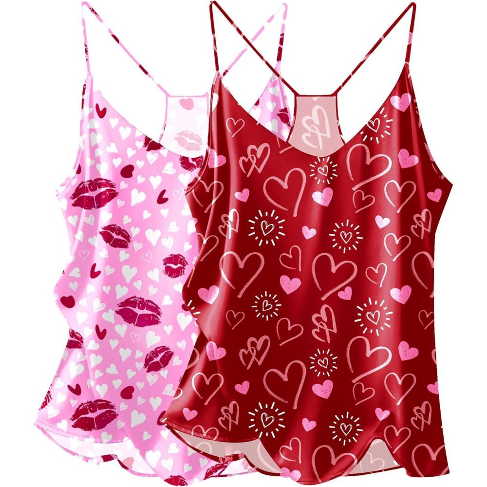 imageEkouaer Womens Satin Cami Tops 2 Pack V Neck Silk Camisole Tank Top Spaghetti Strap Racerback Camis Blouse ShirtPink Heart Kiss LipRed Heart