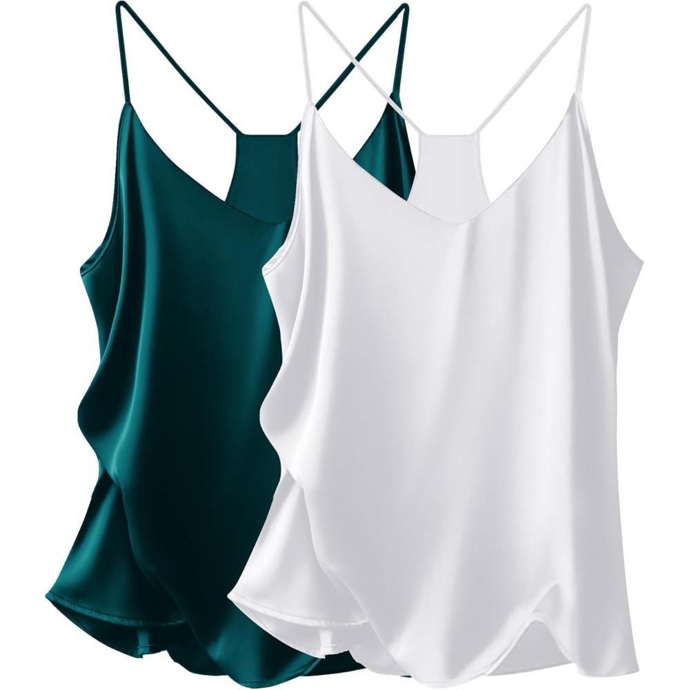 imageEkouaer Womens Satin Cami Tops 2 Pack V Neck Silk Camisole Tank Top Spaghetti Strap Racerback Camis Blouse ShirtWhiteBlue Green
