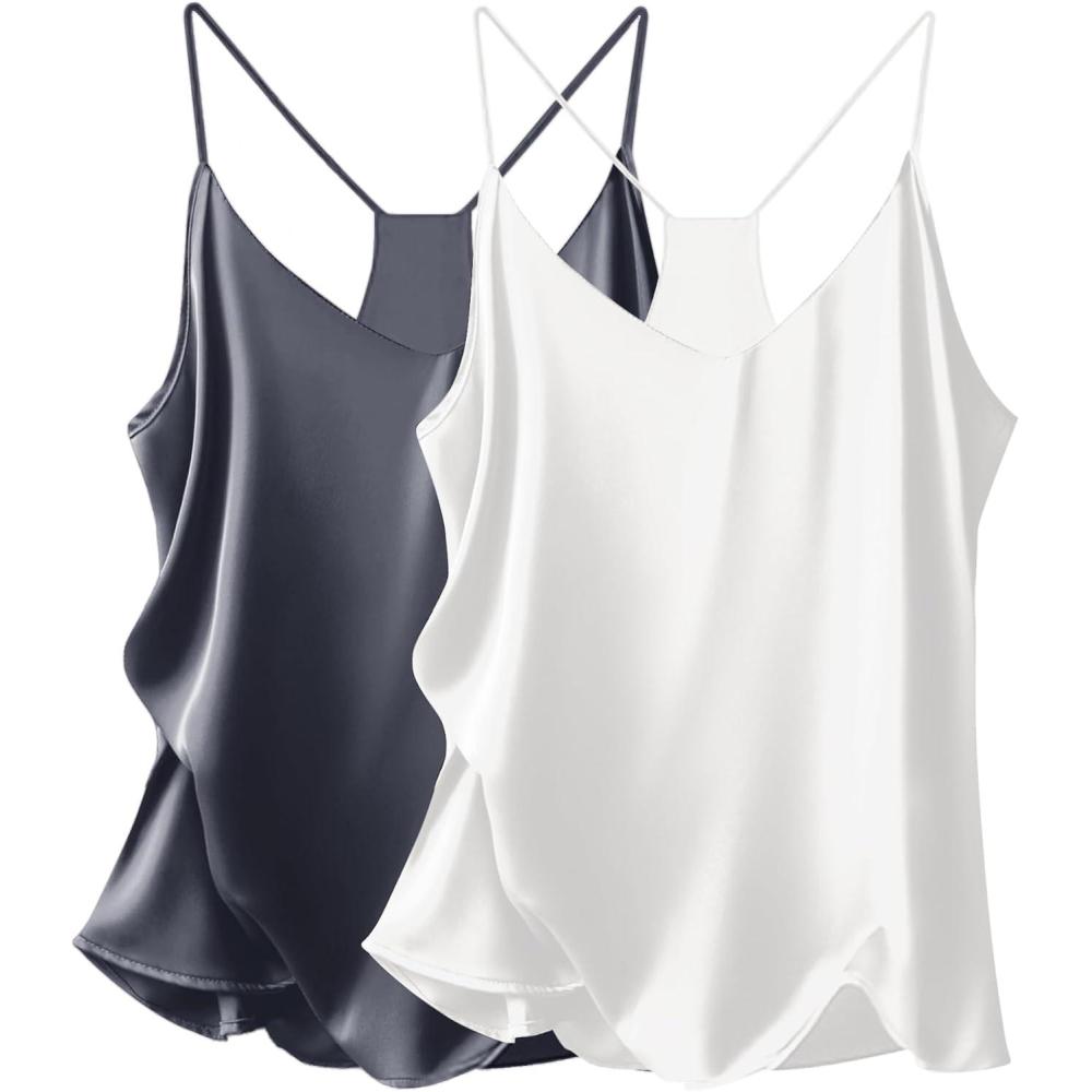 imageEkouaer Womens Satin Cami Tops 2 Pack V Neck Silk Camisole Tank Top Spaghetti Strap Racerback Camis Blouse ShirtWhiteGrey