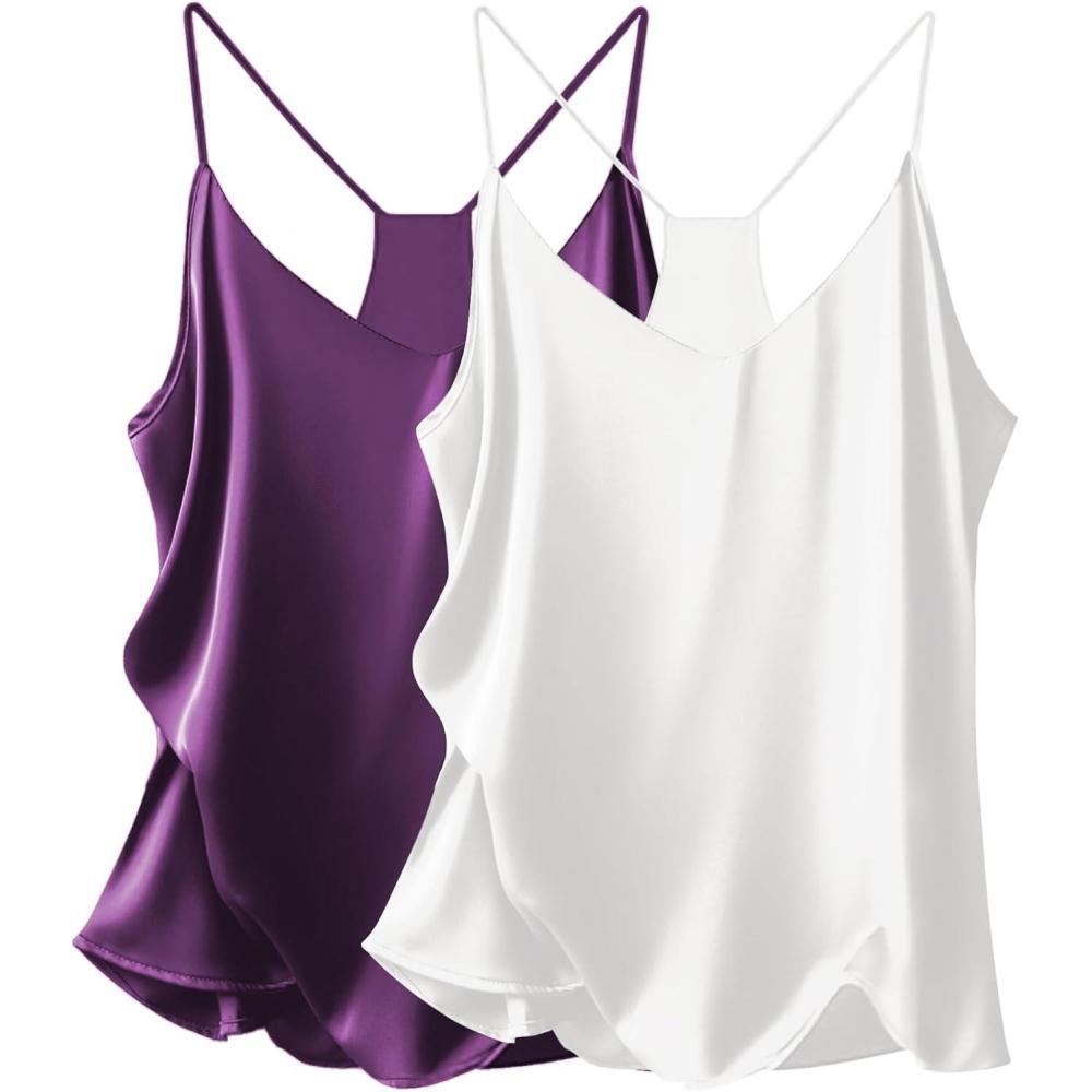 imageEkouaer Womens Satin Cami Tops 2 Pack V Neck Silk Camisole Tank Top Spaghetti Strap Racerback Camis Blouse ShirtWhitePurple