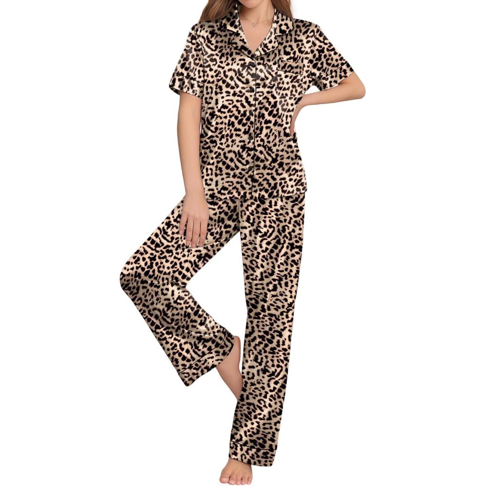 imageEkouaer Womens Silk Pajama Sets Silky Short Sleeve Pjs 2 Piece Silk Button Down Pajamas Soft Satin Pj Pants SetLeopard