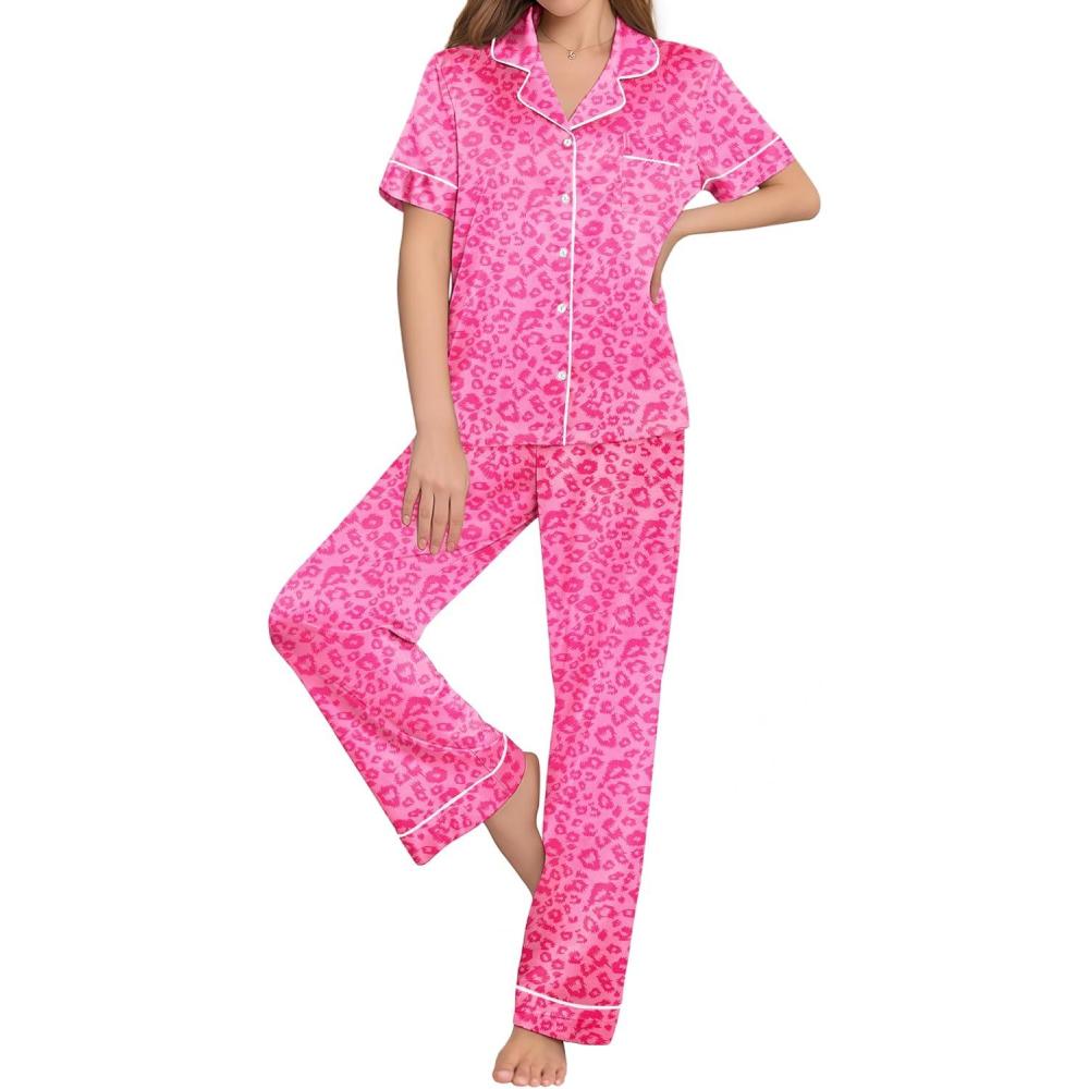 imageEkouaer Womens Silk Pajama Sets Silky Short Sleeve Pjs 2 Piece Silk Button Down Pajamas Soft Satin Pj Pants SetRose Leopard