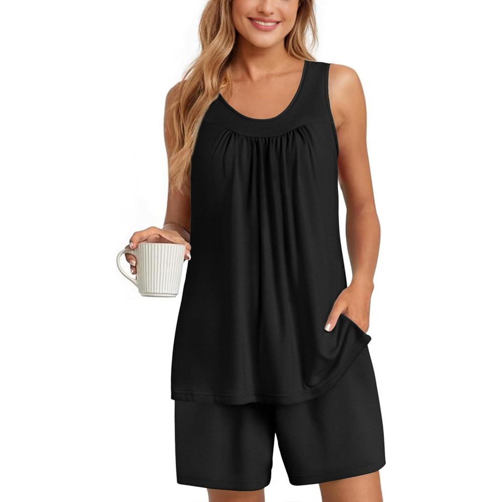 imageEkouaer Womens Sleeveless Pajamas Set Cotton Pj Sets Tank Top and Shorts Sleepwear Summer 2 Piece Loungewear SXXLBlack