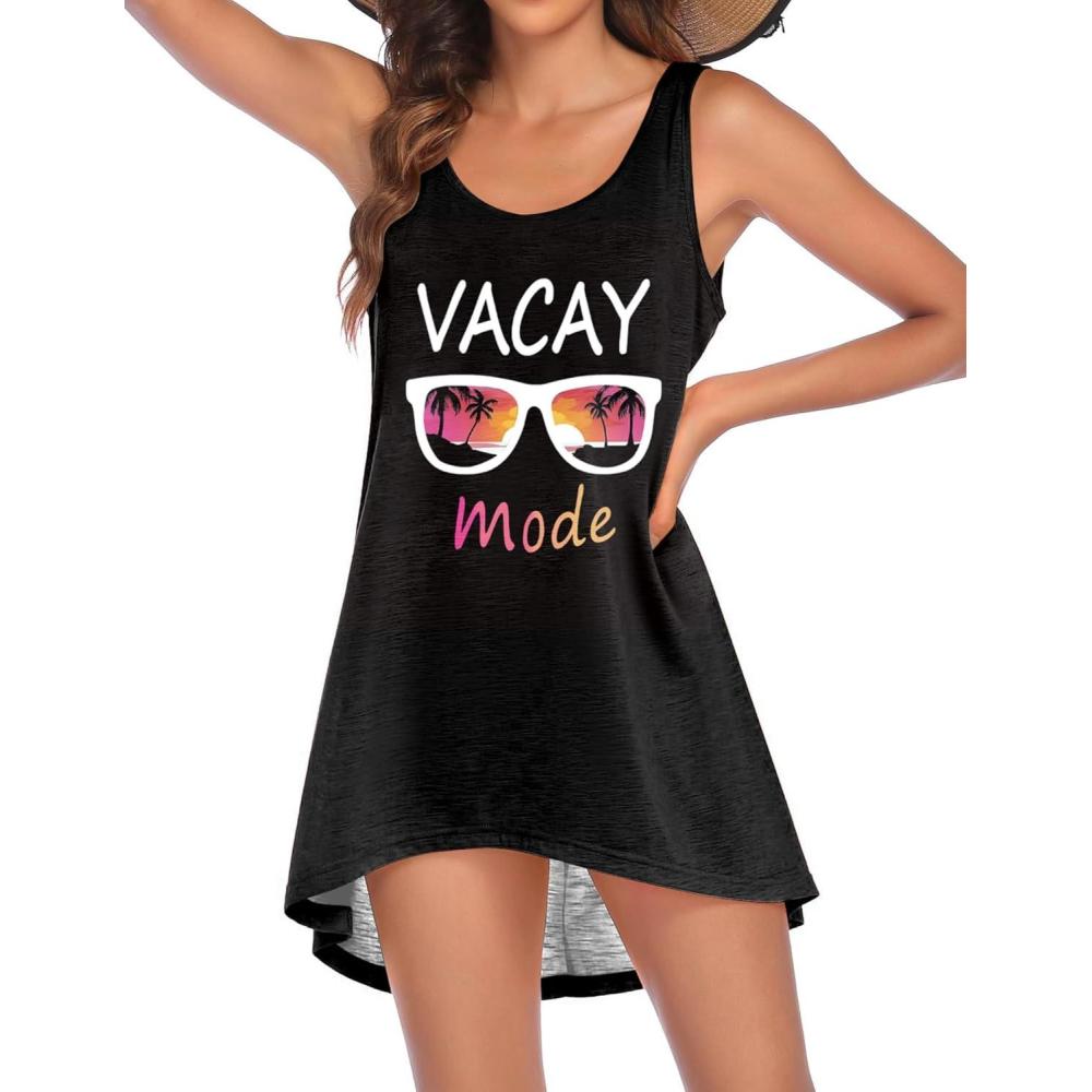 imageEkouaer Womens Sleeveless Swimwear Coverups TShirt Beach Dress Tank Bikini Cover Up with PrintSunglasses Palm Tree