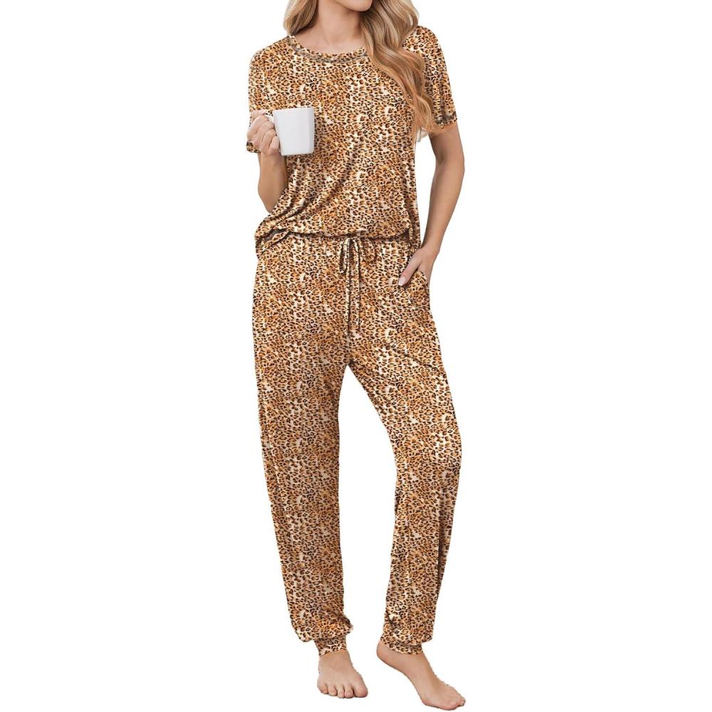 imageEkouaer womens pajama sets Short Sleeve Pjs Lounge Set 2 Piece Sleepwear with Long PantsBrown Leopard