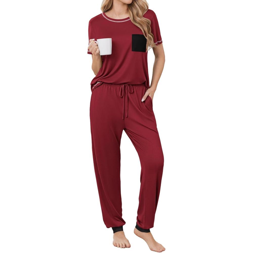 imageEkouaer womens pajama sets Short Sleeve Pjs Lounge Set 2 Piece Sleepwear with Long PantsBurgundy