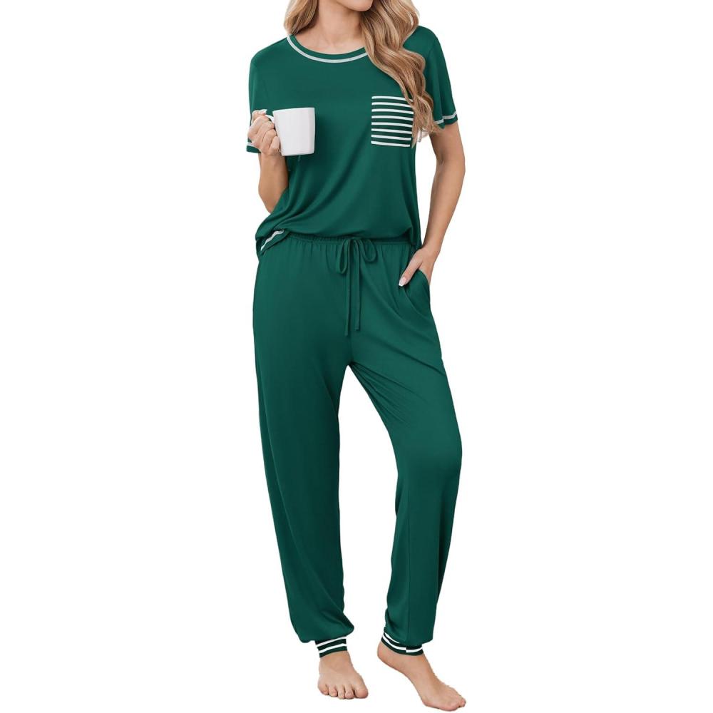 imageEkouaer womens pajama sets Short Sleeve Pjs Lounge Set 2 Piece Sleepwear with Long PantsEvergreen