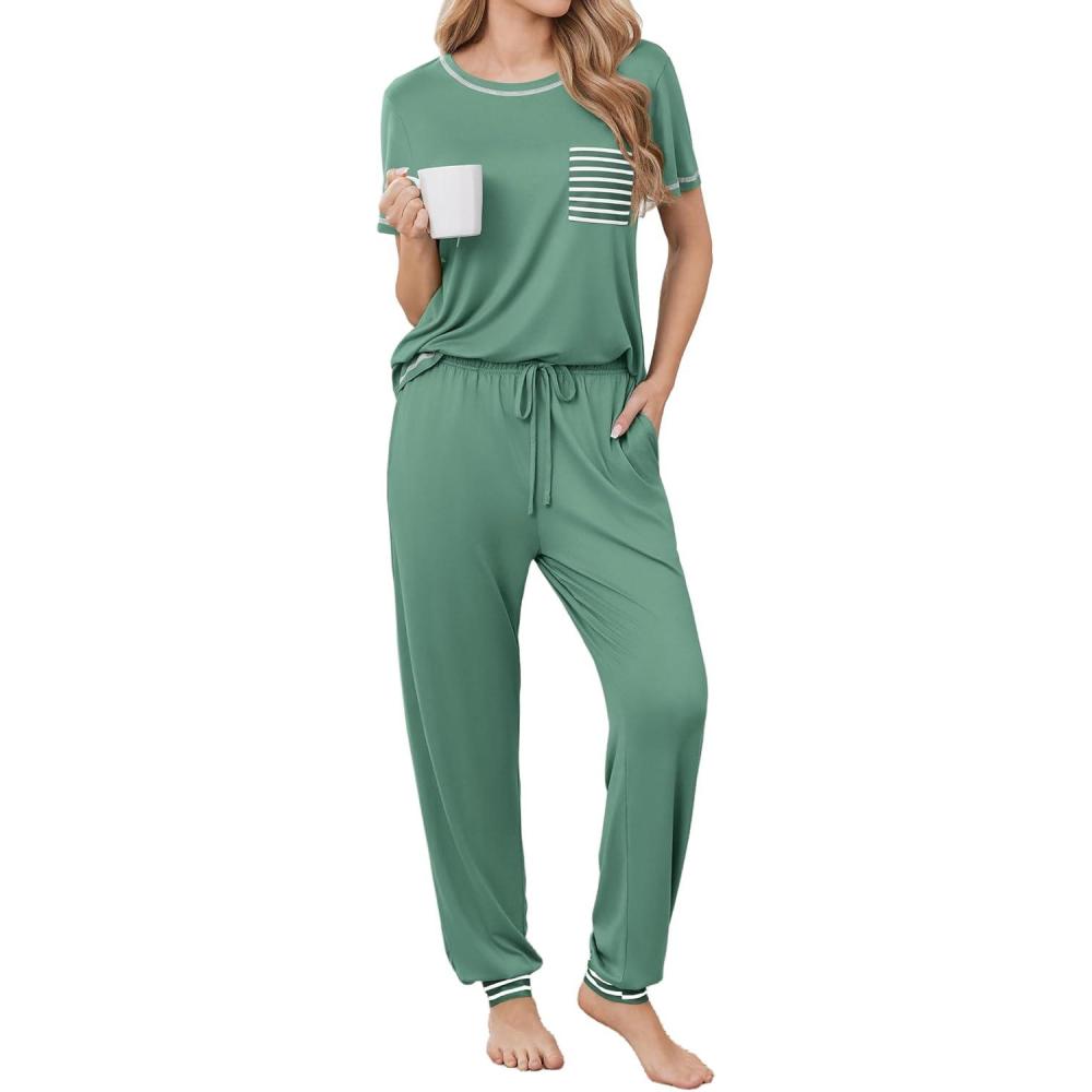 imageEkouaer womens pajama sets Short Sleeve Pjs Lounge Set 2 Piece Sleepwear with Long PantsGreen