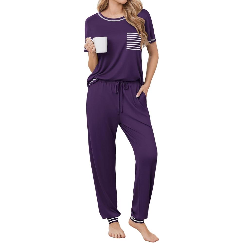 imageEkouaer womens pajama sets Short Sleeve Pjs Lounge Set 2 Piece Sleepwear with Long PantsIndigo