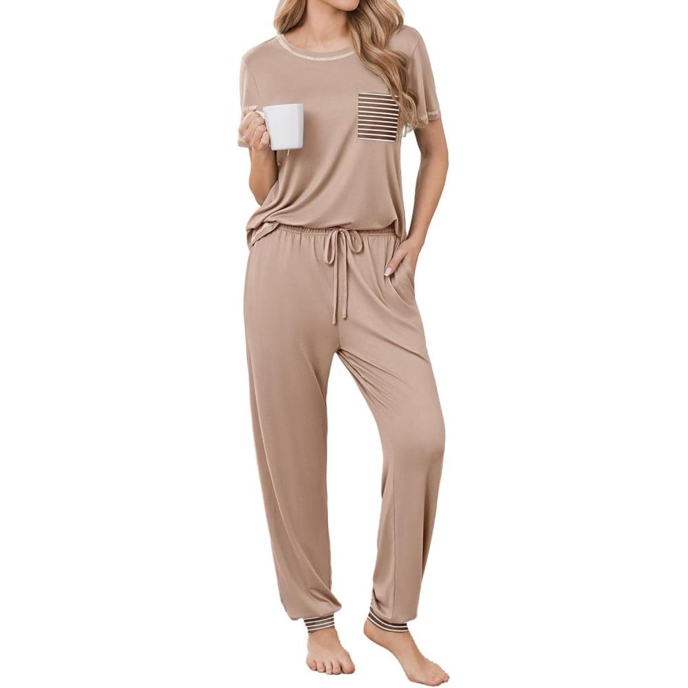 imageEkouaer womens pajama sets Short Sleeve Pjs Lounge Set 2 Piece Sleepwear with Long PantsKhaki