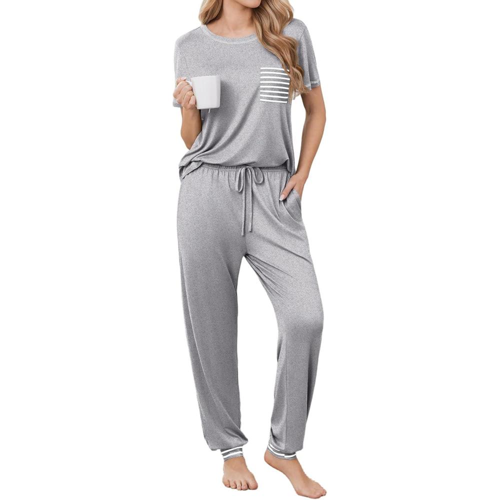 imageEkouaer womens pajama sets Short Sleeve Pjs Lounge Set 2 Piece Sleepwear with Long PantsLight Gray