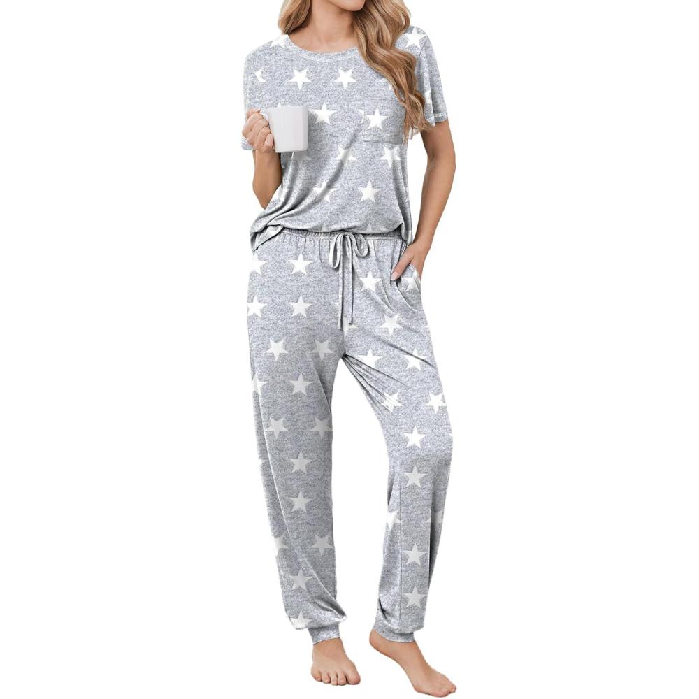 imageEkouaer womens pajama sets Short Sleeve Pjs Lounge Set 2 Piece Sleepwear with Long PantsLight Gray Star