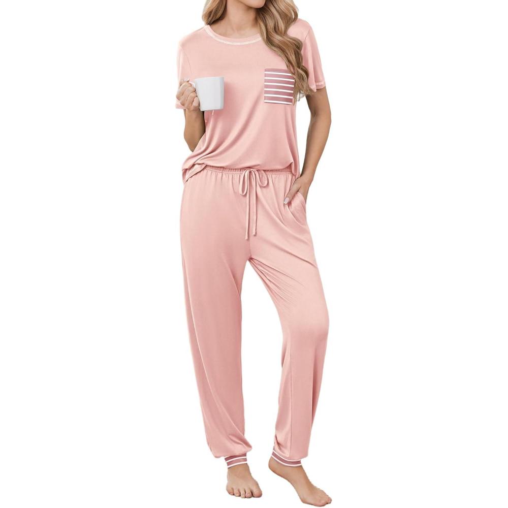 imageEkouaer womens pajama sets Short Sleeve Pjs Lounge Set 2 Piece Sleepwear with Long PantsLight Pink