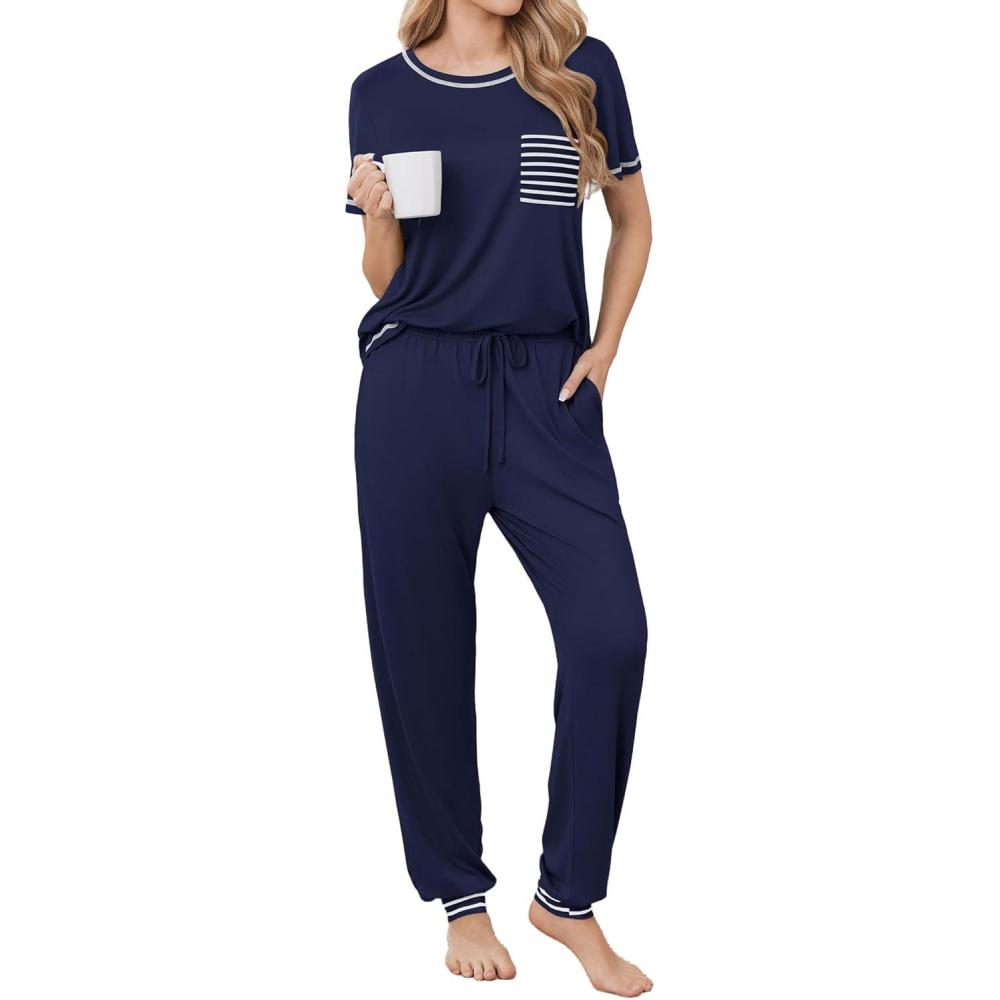 imageEkouaer womens pajama sets Short Sleeve Pjs Lounge Set 2 Piece Sleepwear with Long PantsNavy Blue