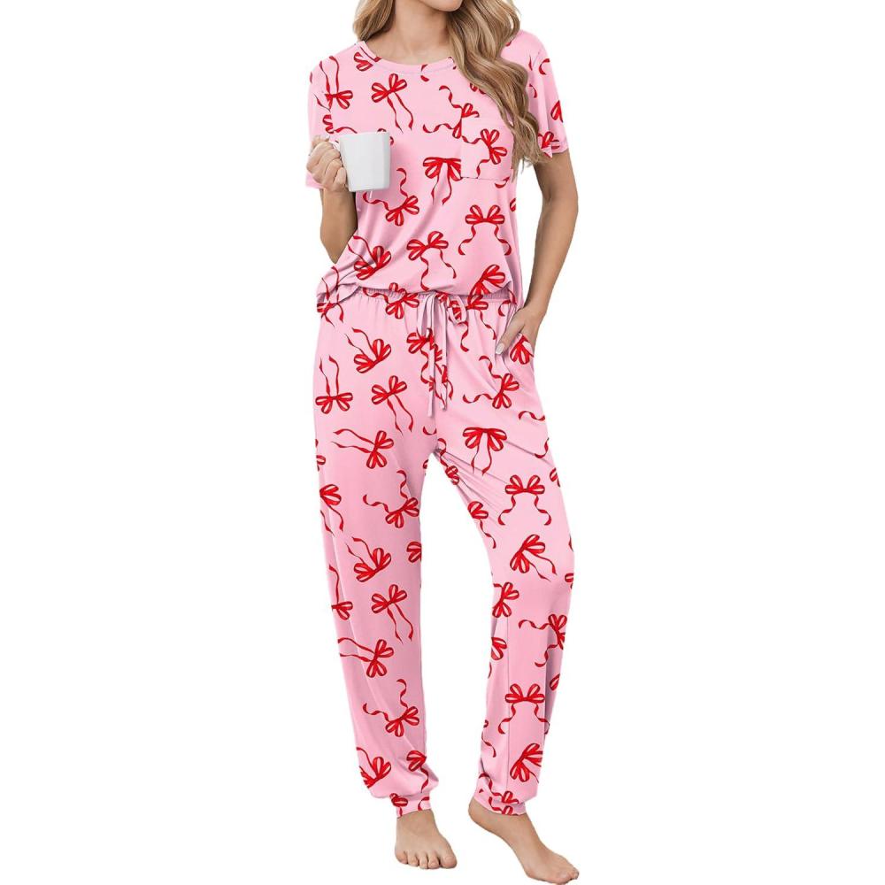 imageEkouaer womens pajama sets Short Sleeve Pjs Lounge Set 2 Piece Sleepwear with Long PantsPink Bow