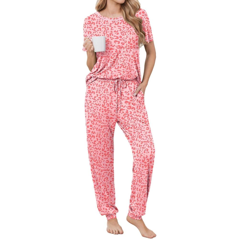 imageEkouaer womens pajama sets Short Sleeve Pjs Lounge Set 2 Piece Sleepwear with Long PantsPink Leopard
