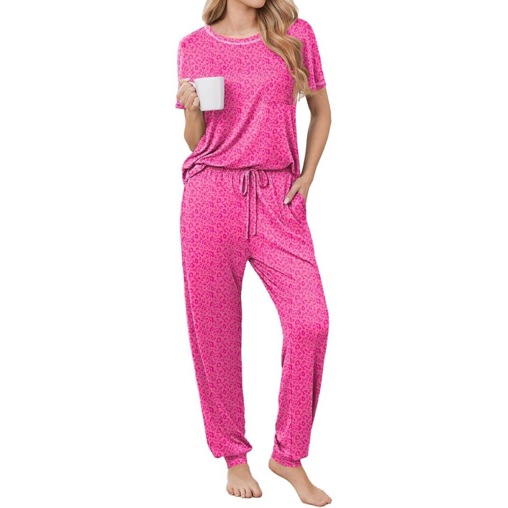 imageEkouaer womens pajama sets Short Sleeve Pjs Lounge Set 2 Piece Sleepwear with Long PantsRose Leopard