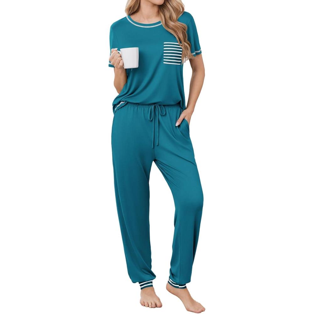 imageEkouaer womens pajama sets Short Sleeve Pjs Lounge Set 2 Piece Sleepwear with Long PantsTeal