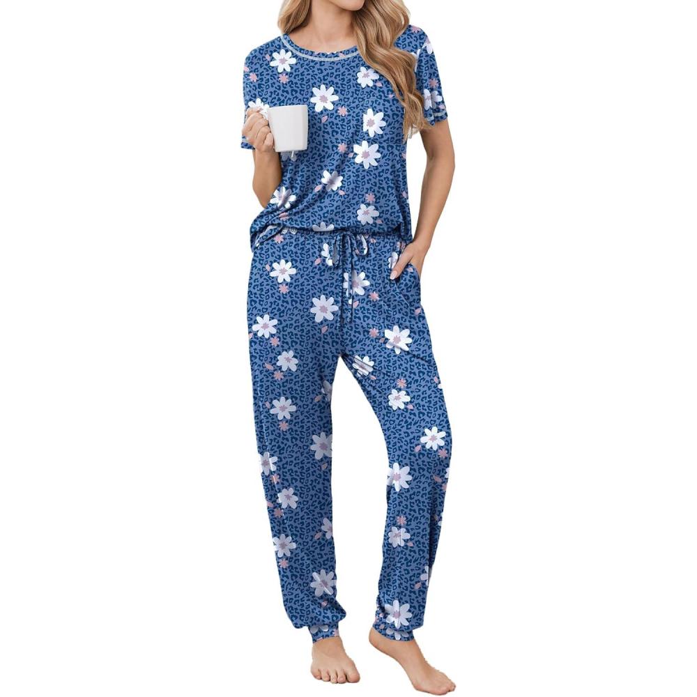imageEkouaer womens pajama sets Short Sleeve Pjs Lounge Set 2 Piece Sleepwear with Long PantsWhite Floral Blue Leopard