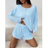 Ekouaer 3 Piece Waffle Knit Lounge Set for Women, Long Sleeve and Cami Top with Shorts Pajama Sets for All Seasons(Blue and White Stripes)
