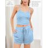 Ekouaer 3 Piece Waffle Knit Lounge Set for Women, Long Sleeve and Cami Top with Shorts Pajama Sets for All Seasons(Blue and White Stripes)