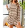Ekouaer 3 Piece Waffle Knit Lounge Set for Women, Long Sleeve and Cami Top with Shorts Pajama Sets for All Seasons(Brown/White)