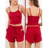 Ekouaer 3 Piece Waffle Knit Lounge Set for Women, Long Sleeve and Cami Top with Shorts Pajama Sets for All Seasons(Red)