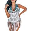 Ekouaer Beach Swimsuit Cover Up Women Crochet Bikini Coverups Summer Pool Swimwear Tassel Dress(Beige White)