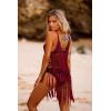 Ekouaer Beach Swimsuit Cover Up Women Crochet Bikini Coverups Summer Pool Swimwear Tassel Dress(Wine Red)