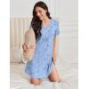 Ekouaer Nightgowns for Women Cotton Night Gowns Pleated Nightshirts Henley V Neck Sleepshirts Short Sleeve Sleepwear(Cyan White Florals)