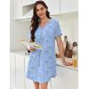 Ekouaer Nightgowns for Women Cotton Night Gowns Pleated Nightshirts Henley V Neck Sleepshirts Short Sleeve Sleepwear(Cyan White Florals)