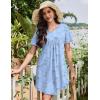 Ekouaer Nightgowns for Women Cotton Night Gowns Pleated Nightshirts Henley V Neck Sleepshirts Short Sleeve Sleepwear(Cyan White Florals)