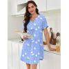 Ekouaer Nightgowns for Women Cotton Night Gowns Pleated Nightshirts Henley V Neck Sleepshirts Short Sleeve Sleepwear(Light Blue White Birds)