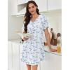 Ekouaer Nightgowns for Women Cotton Night Gowns Pleated Nightshirts Henley V Neck Sleepshirts Short Sleeve Sleepwear(White Blue Florals)