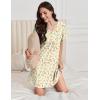 Ekouaer Nightgowns for Women Cotton Night Gowns Pleated Nightshirts Henley V Neck Sleepshirts Short Sleeve Sleepwear(Yellow Red Florals)