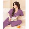 Ekouaer Women’s 100% Cotton Pajamas Set Short Sleeve Button Down Pjs 2 Piece Soft Sleepwear with Long Pants Lounge Set(Purple)