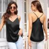 Ekouaer Womens Satin Cami Tops 2 Pack V Neck Silk Camisole Tank Top Spaghetti Strap Racerback Camis Blouse Shirt(Black/Champagne)