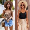 Ekouaer Womens Satin Cami Tops 2 Pack V Neck Silk Camisole Tank Top Spaghetti Strap Racerback Camis Blouse Shirt(Black/Leopard Print)