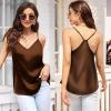 Ekouaer Womens Satin Cami Tops 2 Pack V Neck Silk Camisole Tank Top Spaghetti Strap Racerback Camis Blouse Shirt(Brown/Artistic Blue)