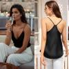 Ekouaer Womens Satin Cami Tops 2 Pack V Neck Silk Camisole Tank Top Spaghetti Strap Racerback Camis Blouse Shirt(Navy Blue/Black)