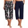 Ekouaer 2 Pack Women’s Capri Pajama Pants Printed Drawstring Comfy Pj Bottoms With Pockets(Black/Navy Blue)