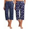Ekouaer 2 Pack Women’s Capri Pajama Pants Printed Drawstring Comfy Pj Bottoms With Pockets(Dark Blue/Dark Teal)
