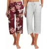 Ekouaer 2 Pack Women’s Capri Pajama Pants Printed Drawstring Comfy Pj Bottoms With Pockets(Flower / Grey Stripe)