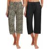 Ekouaer 2 Pack Women’s Capri Pajama Pants Printed Drawstring Comfy Pj Bottoms With Pockets(Leopard / Black)