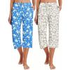 Ekouaer 2 Pack Women’s Capri Pajama Pants Printed Drawstring Comfy Pj Bottoms With Pockets(Royal Blue/Beige)